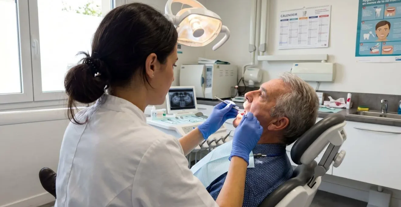 Un praticien en blouse médicale examine la mâchoire d'un patient assis, vu de profil dans un cabinet dentaire moderne aux murs clairs