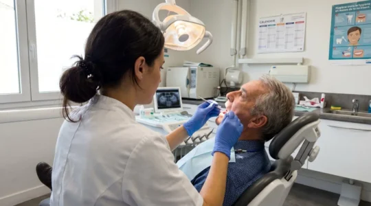 Un praticien en blouse médicale examine la mâchoire d'un patient assis, vu de profil dans un cabinet dentaire moderne aux murs clairs