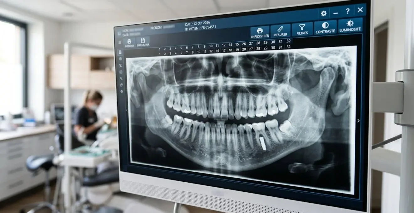 Gros plan sur un écran médical affichant une radiographie panoramique dentaire avec arrière-plan de cabinet médical légèrement flouté