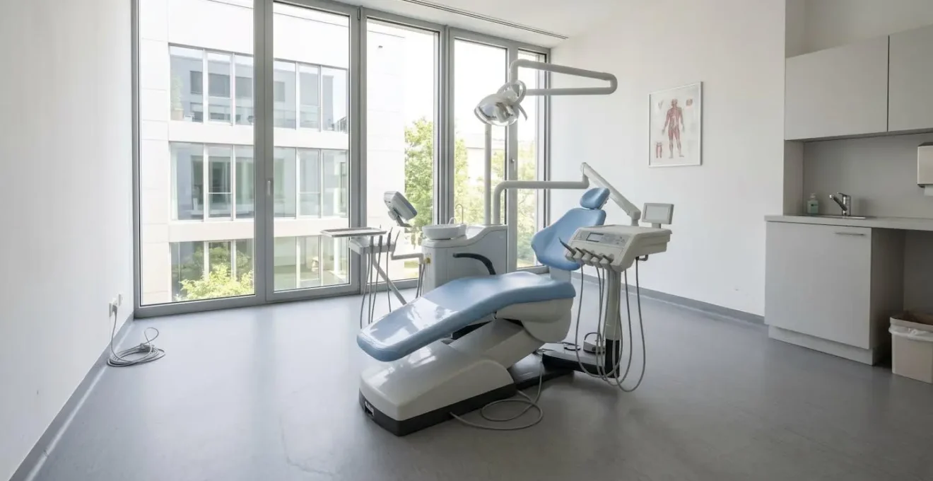 Vue d'ensemble d'une salle de consultation stomatologique contemporaine vide avec fauteuil médical, éclairage scialytique et grandes fenêtres lumineuses