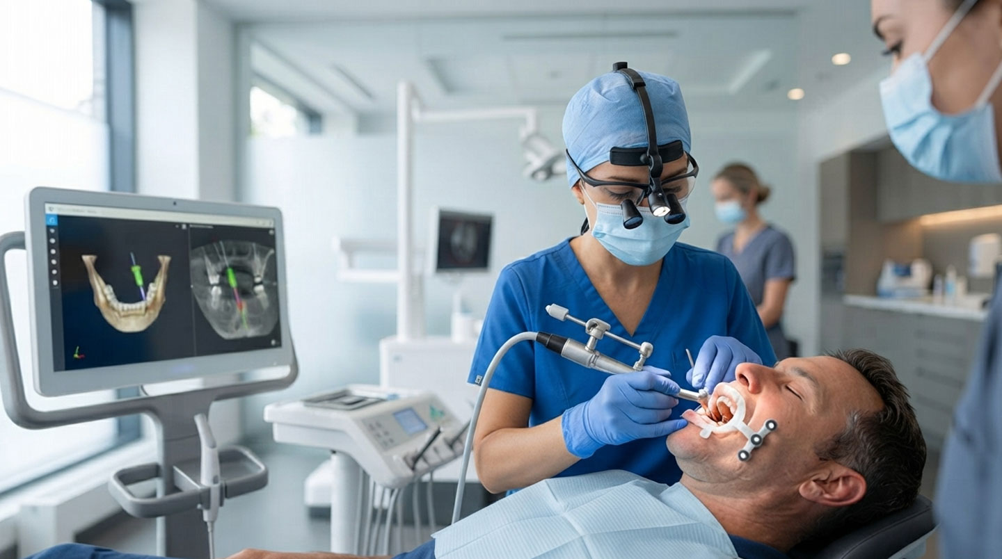 Plateau chirurgical stérile avec implants dentaires en titane et instrumentation de forage progressif dans une salle d'opération dentaire