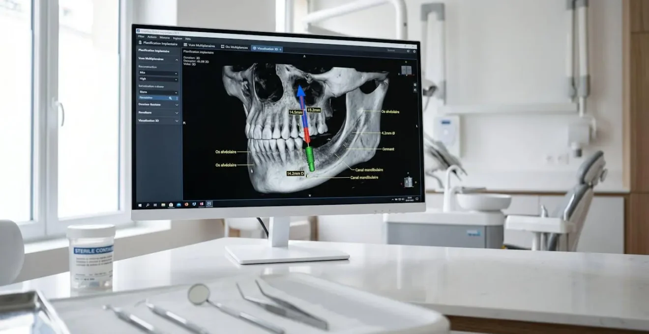 Écran médical affichant une reconstruction 3D Cone Beam d'une mâchoire avec planification d'implant dentaire dans un cabinet parisien moderne