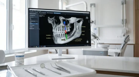 Écran médical affichant une reconstruction 3D Cone Beam d'une mâchoire avec planification d'implant dentaire dans un cabinet parisien moderne